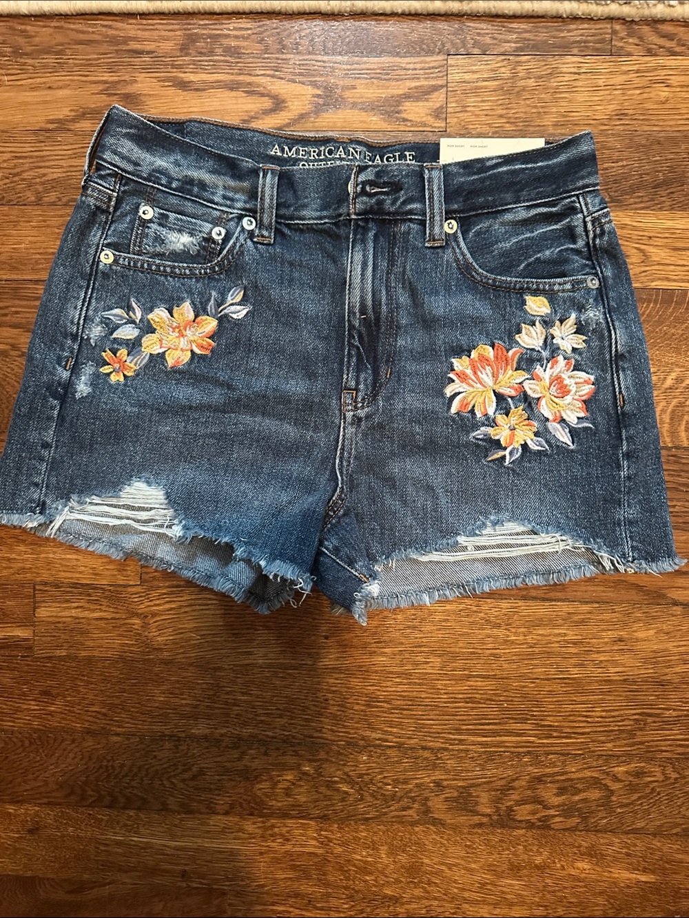 American Eagle Outfitters Dark Blue Denim Shorts with Orange Floral Embroidery